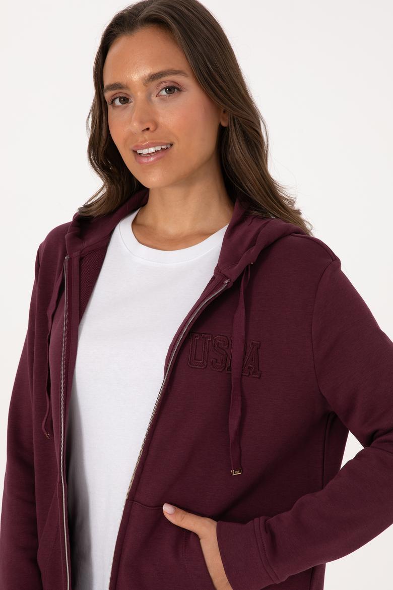 Kadın Bordo Fermuarlı Kapüşonlu Sweatshırt - 50307714037