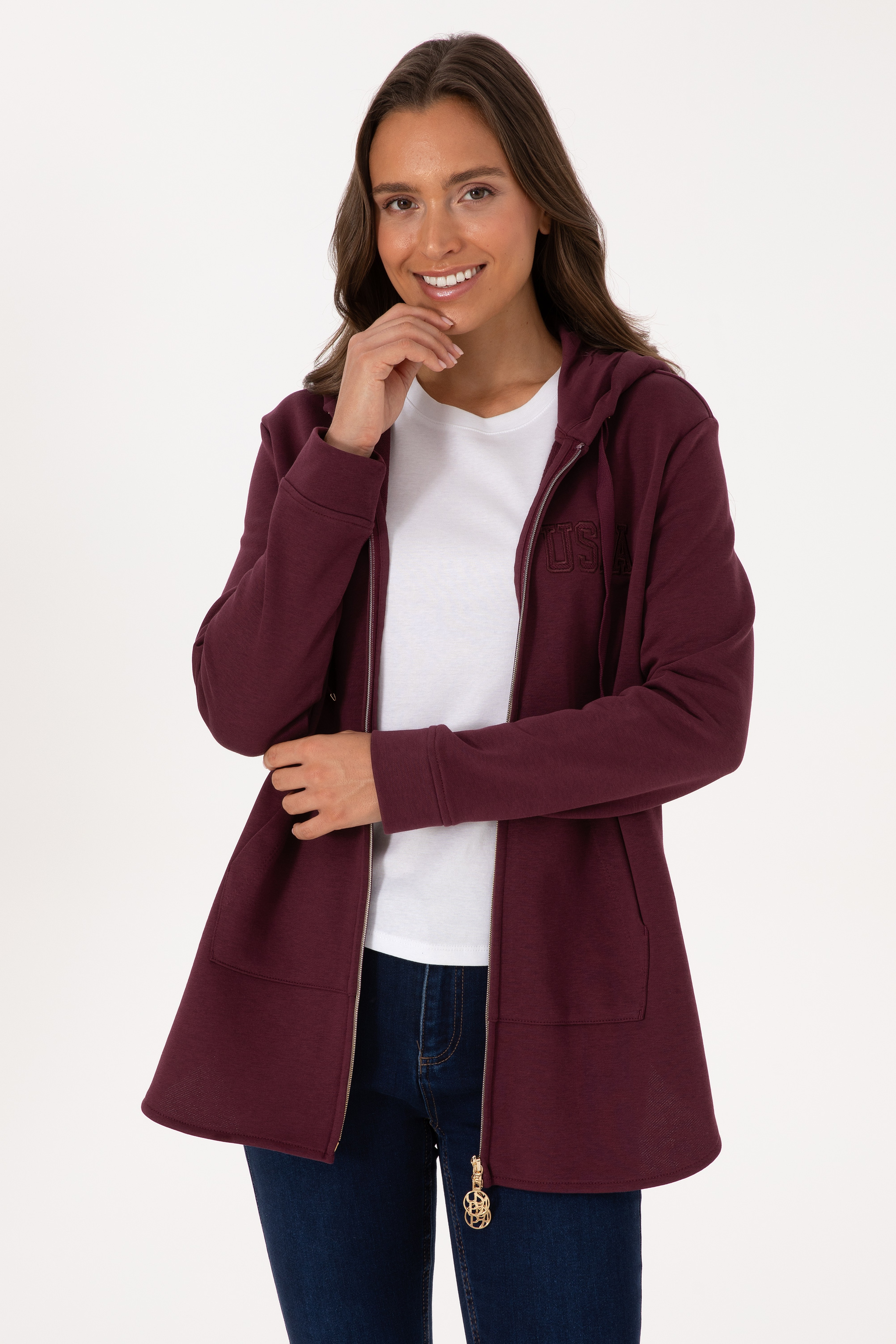 Kadın Bordo Fermuarlı Kapüşonlu Sweatshırt