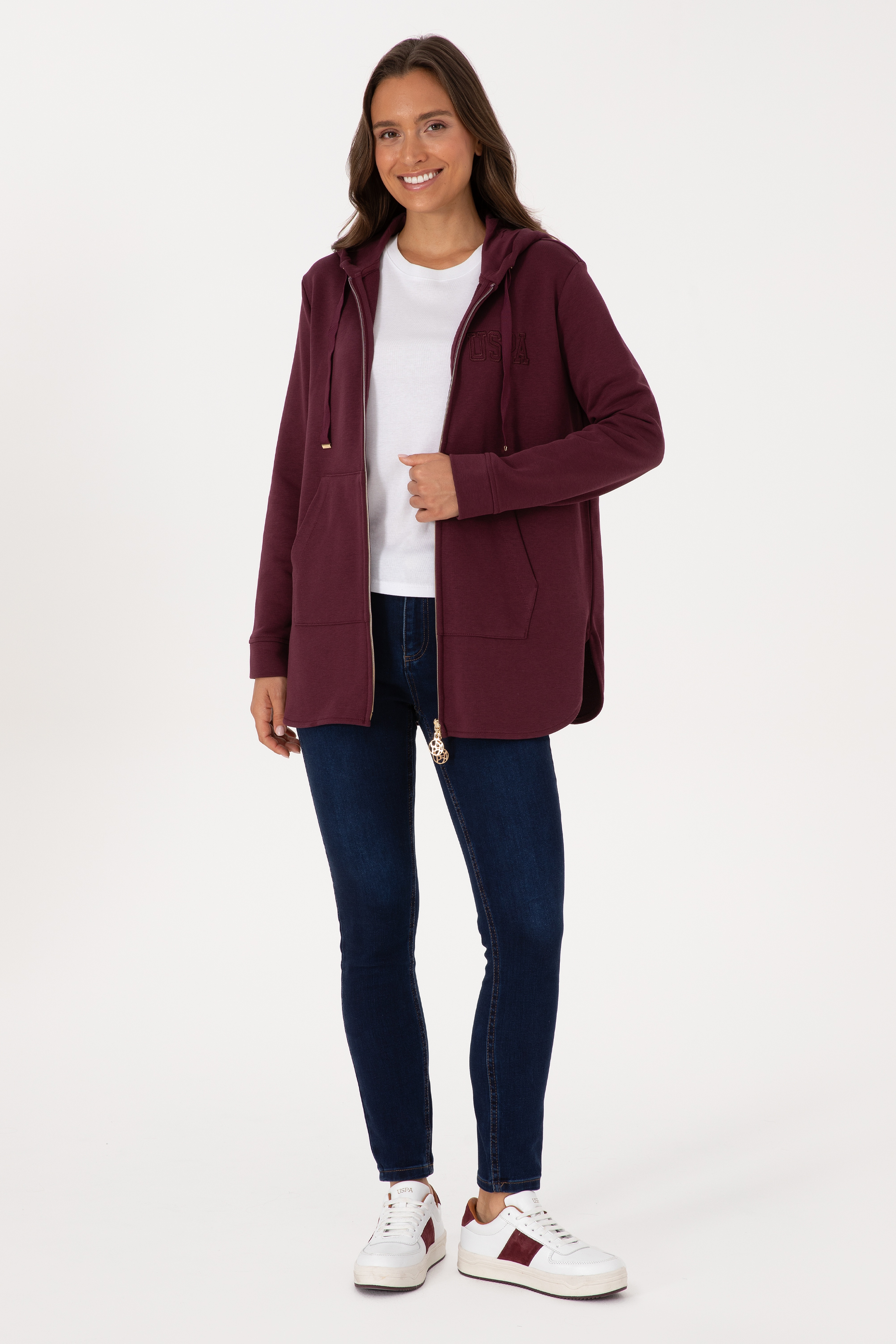 Kadın Bordo Fermuarlı Kapüşonlu Sweatshırt - Image 4