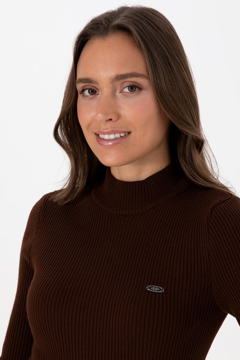 Kadın Koyu Kahverengi Balıkçı Yaka Kazak - 50315937012