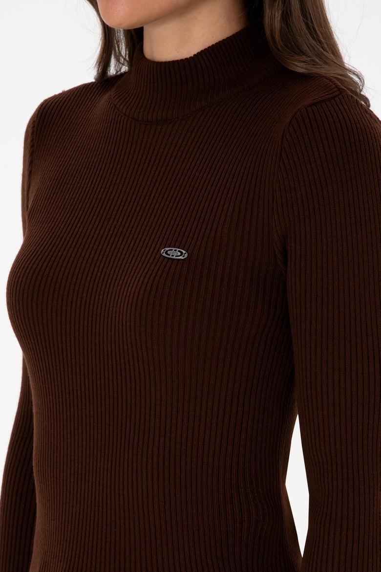 Kadın Koyu Kahverengi Balıkçı Yaka Kazak - 50315937012