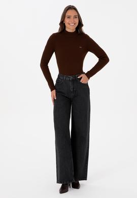 Kadın Koyu Kahverengi Balıkçı Yaka Kazak - 50315937012