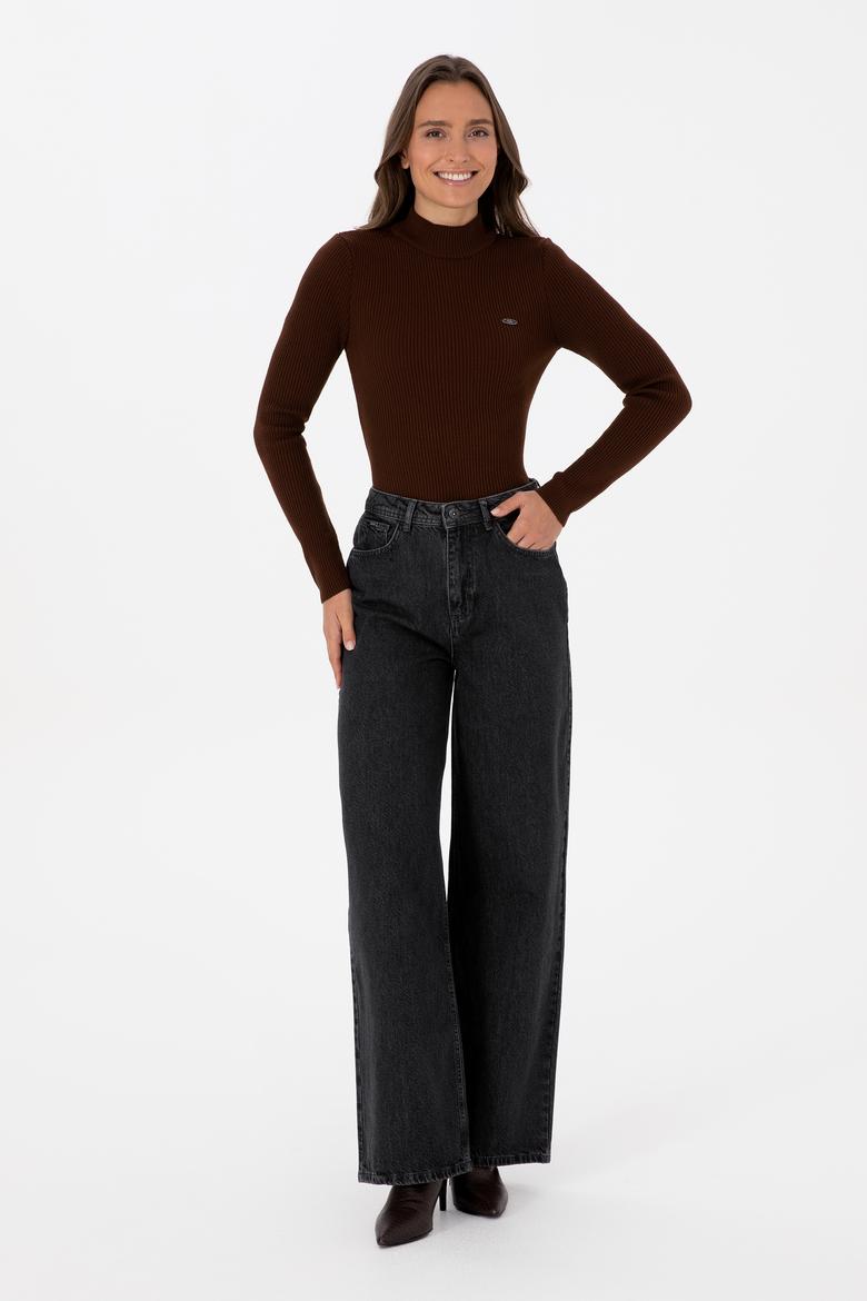 Kadın Koyu Kahverengi Balıkçı Yaka Kazak - 50315937012