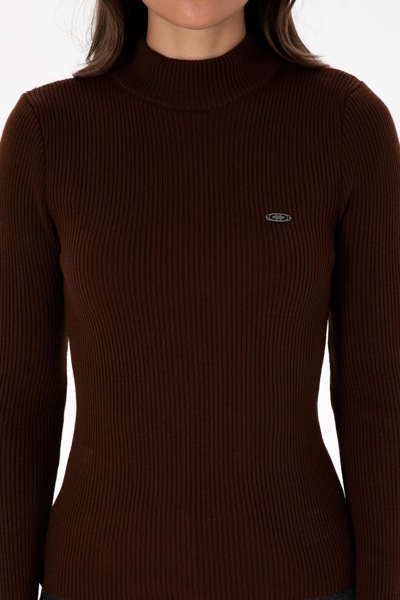 Kadın Koyu Kahverengi Balıkçı Yaka Kazak - 50315937012