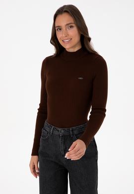 Kadın Koyu Kahverengi Balıkçı Yaka Kazak - 50315937012