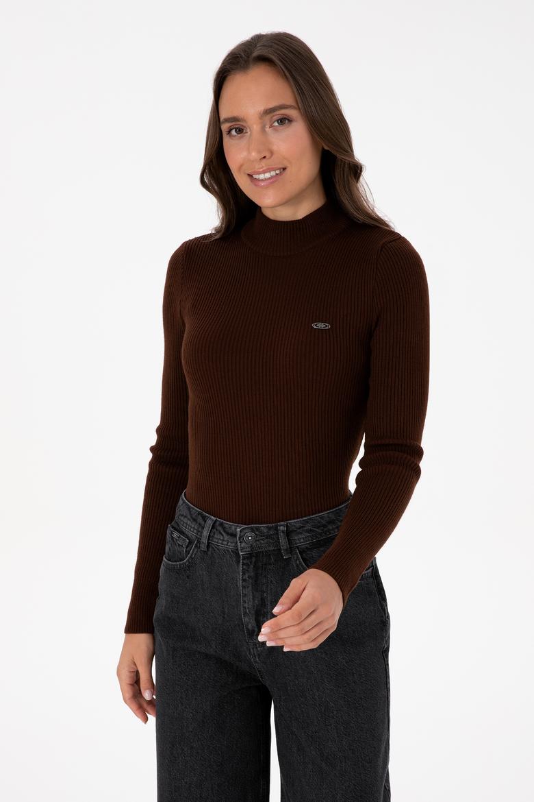 Kadın Koyu Kahverengi Balıkçı Yaka Kazak - 50315937012