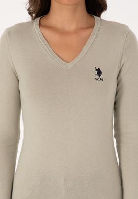 Kadın Açık Haki  V Yaka Basic Kazak - 50307712103