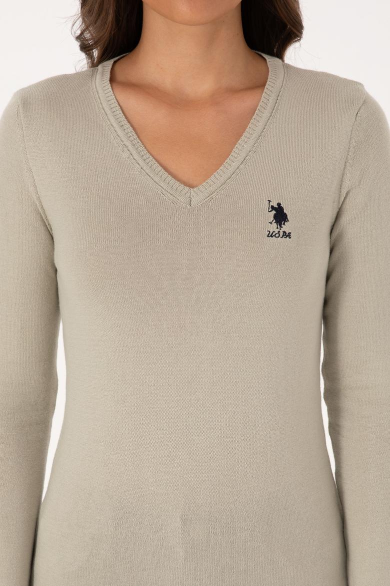 Kadın Açık Haki  V Yaka Basic Kazak - 50307712103