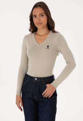 Kadın Açık Haki  V Yaka Basic Kazak - 50307712103