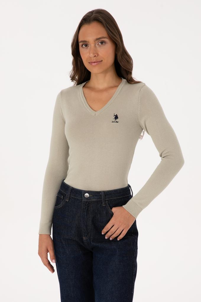 Kadın Açık Haki  V Yaka Basic Kazak