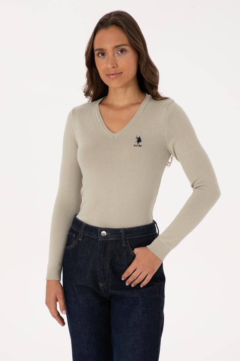 Kadın Açık Haki  V Yaka Basic Kazak