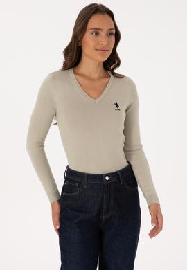 Kadın Açık Haki  V Yaka Basic Kazak - 50307712103