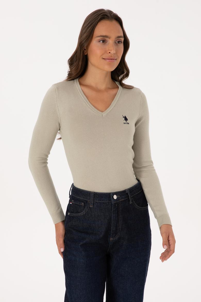 Kadın Açık Haki  V Yaka Basic Kazak - 50307712103