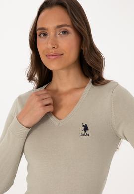 Kadın Açık Haki  V Yaka Basic Kazak - 50307712103