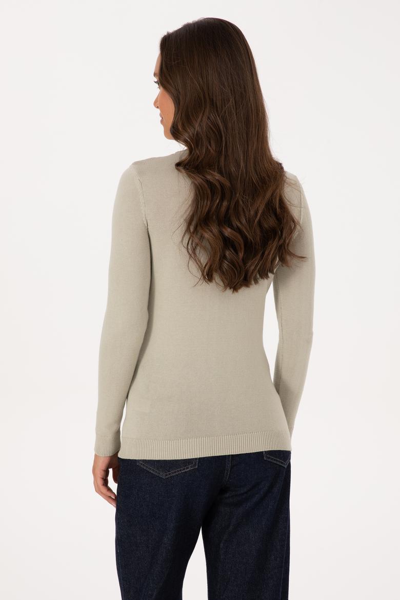 Kadın Açık Haki  V Yaka Basic Kazak - 50307712103