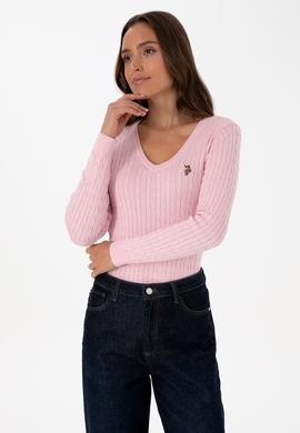 Kadın Açık Pembe V Yaka Basic Kazak - 50307700110