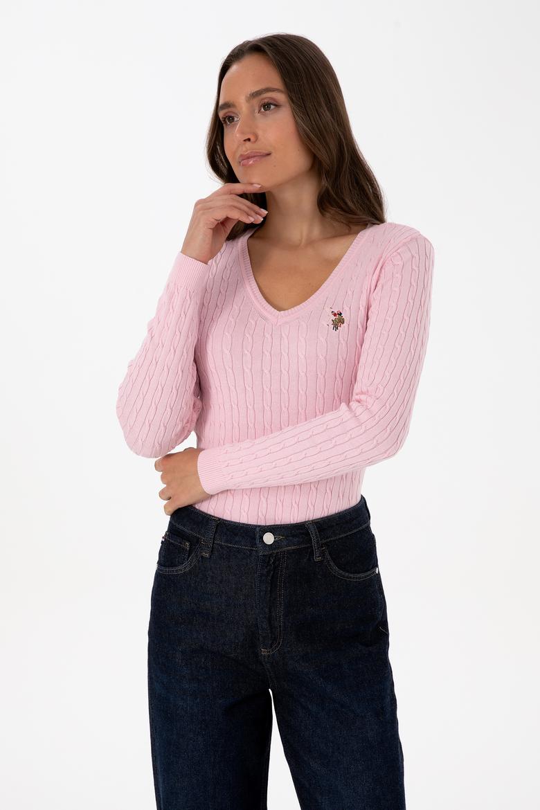 Kadın Açık Pembe V Yaka Basic Kazak - 50307700110