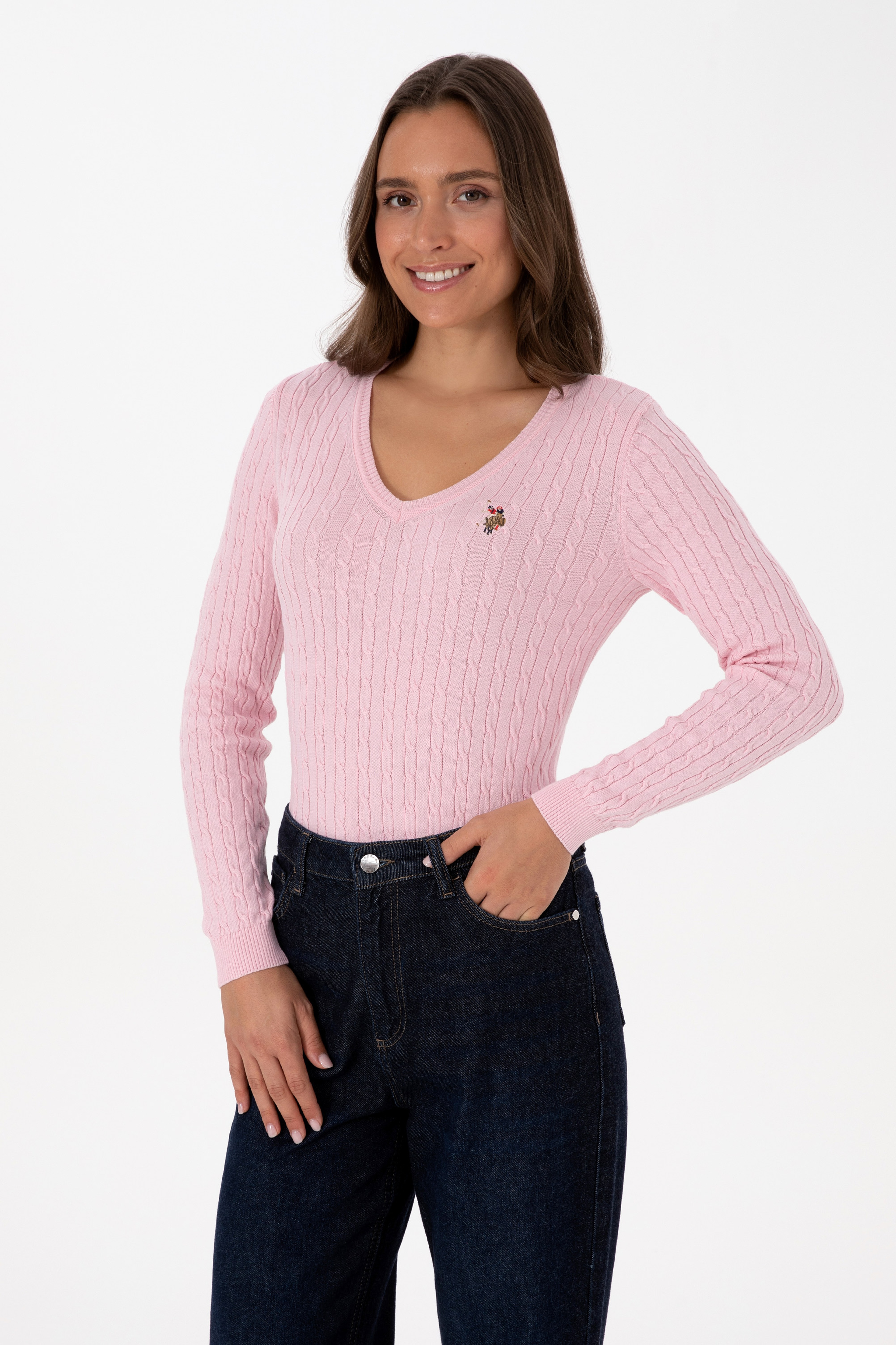 Kadın Açık Pembe V Yaka Basic Kazak - Image 1