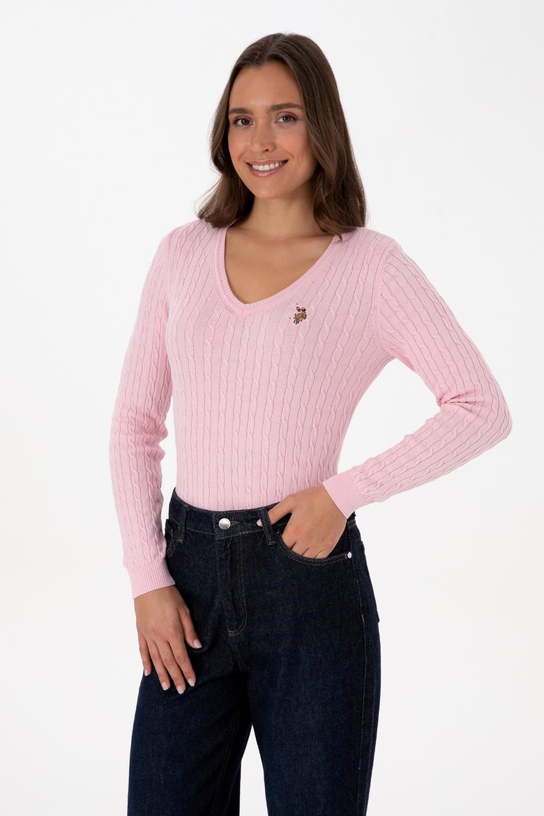 Kadın Açık Pembe V Yaka Basic Kazak