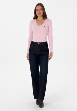 Kadın Açık Pembe V Yaka Basic Kazak - 50307700110