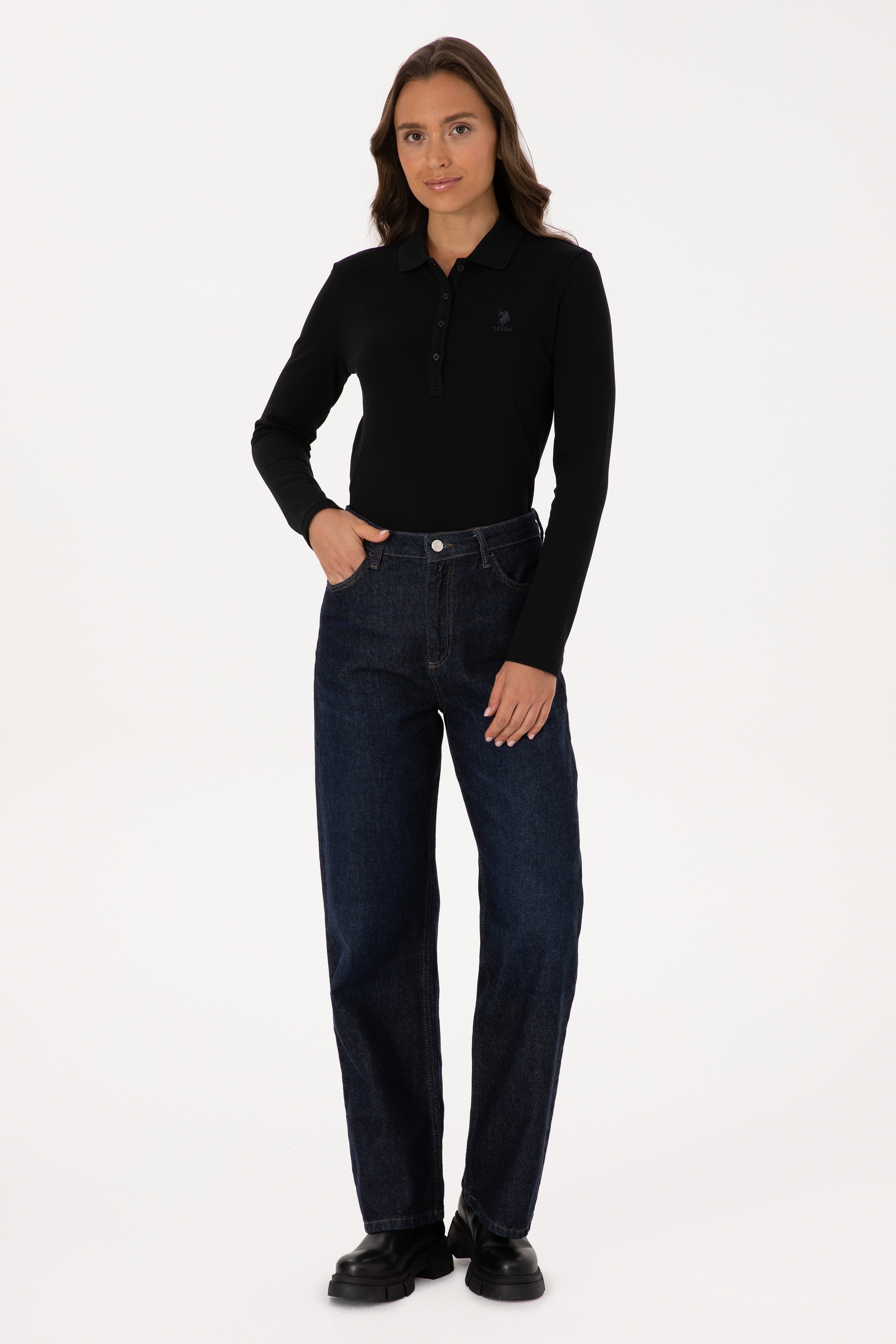 Kadın Siyah Basic Polo Yaka Sweatshırt - Image 4