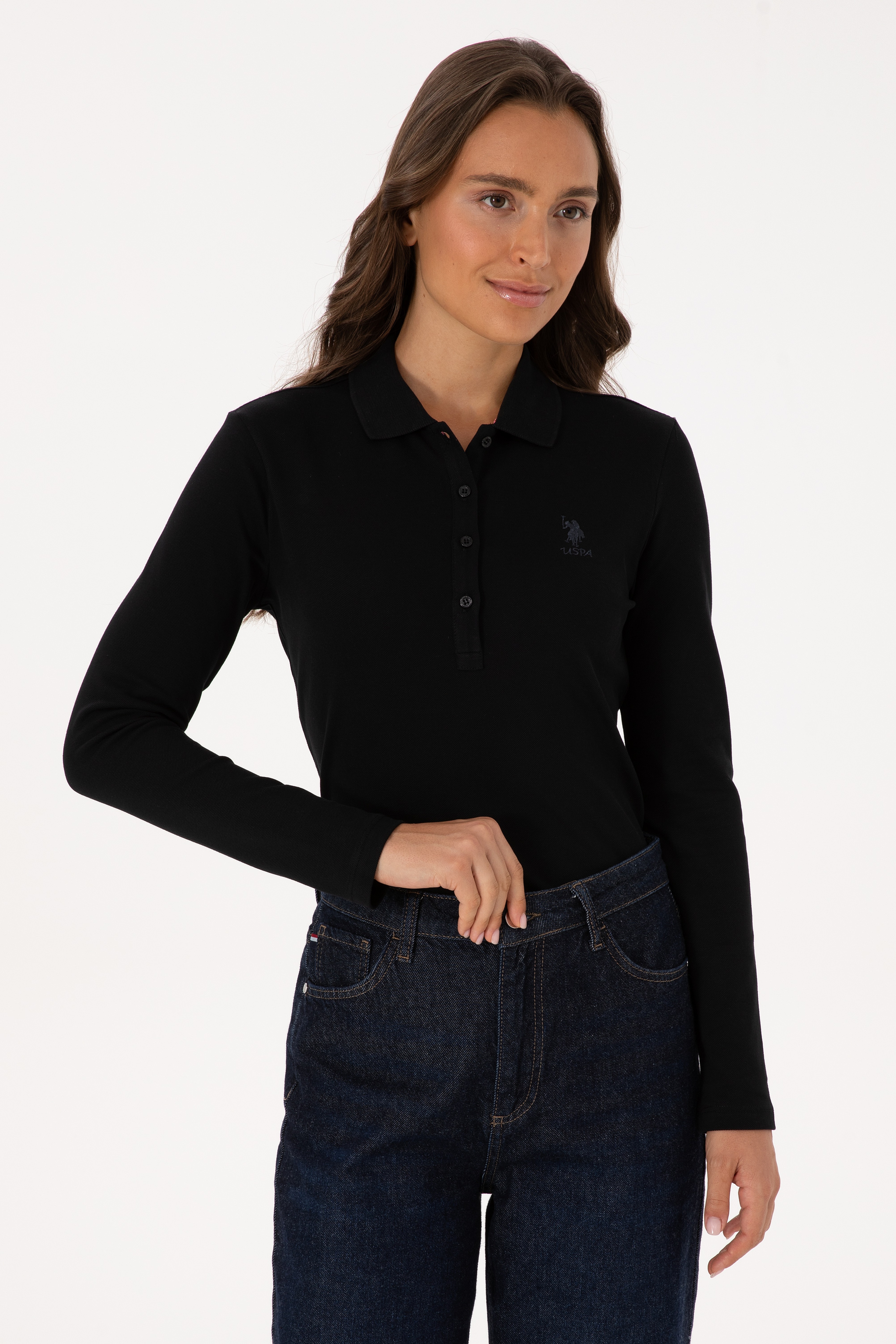 Kadın Siyah Basic Polo Yaka Sweatshırt