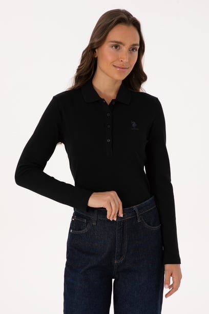 Kadın Siyah Basic Polo Yaka Sweatshırt