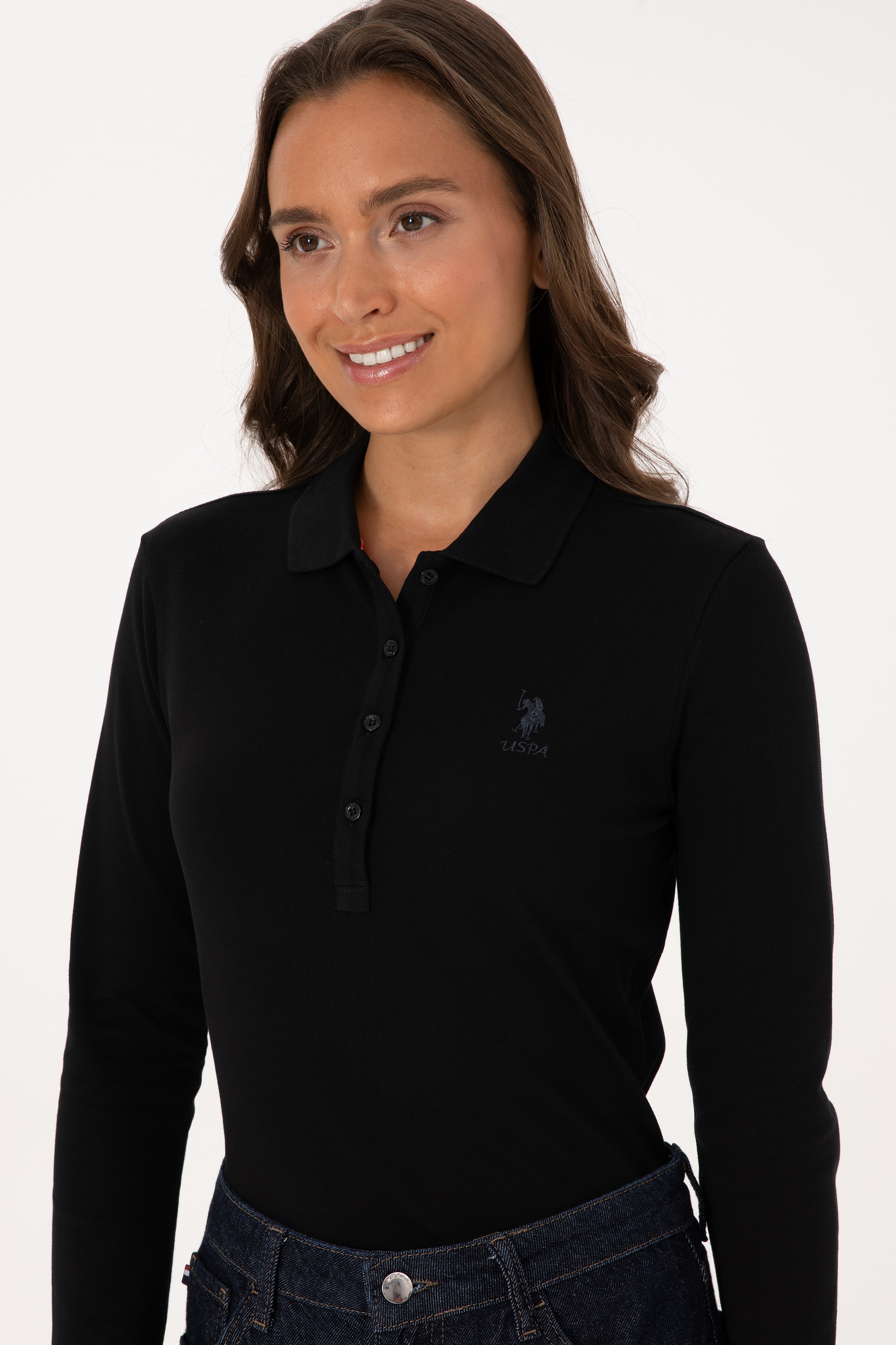 Kadın Siyah Basic Polo Yaka Sweatshırt