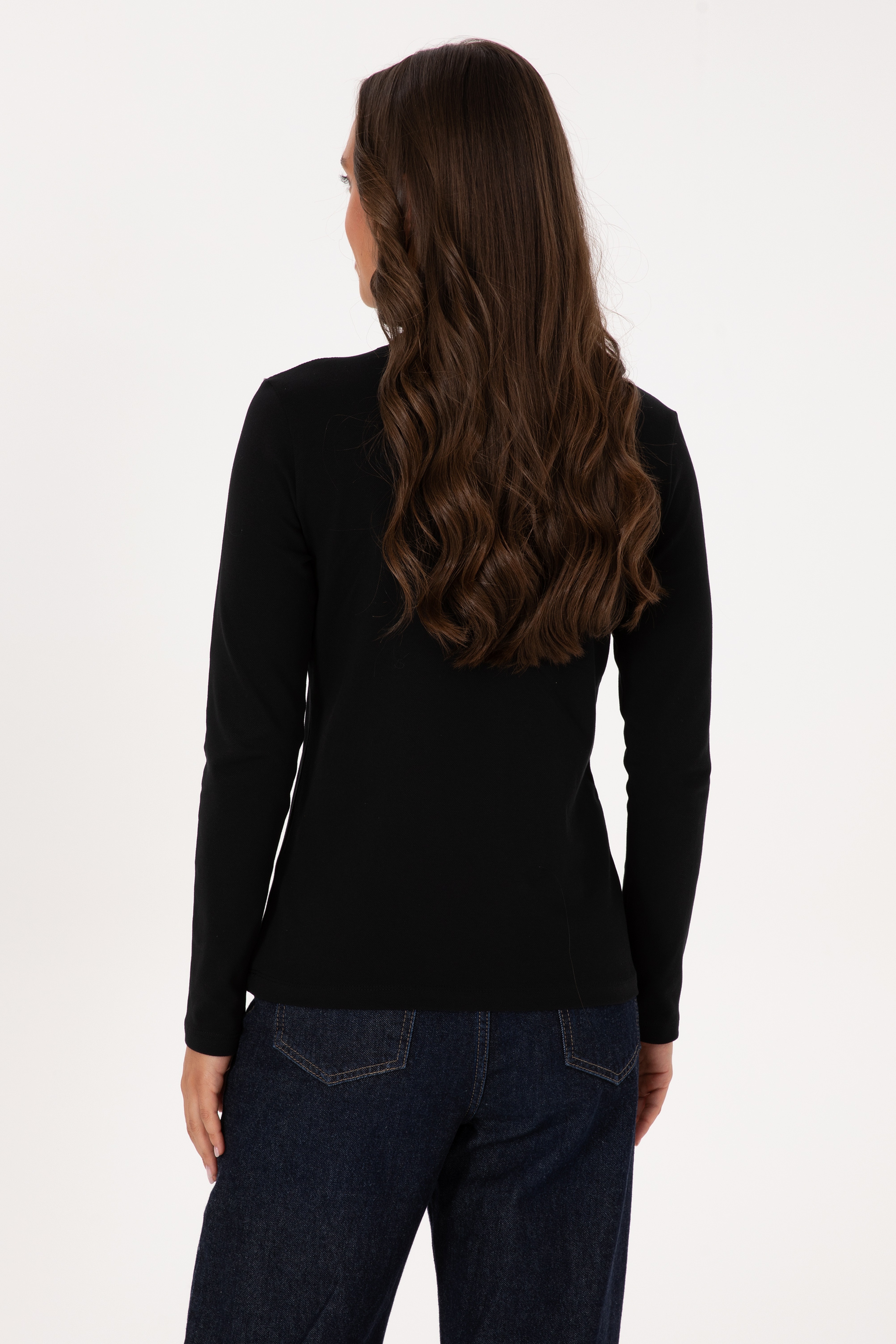 Kadın Siyah Basic Polo Yaka Sweatshırt