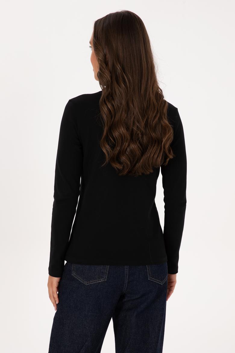 Kadın Siyah Basic Polo Yaka Sweatshırt - 50307755021