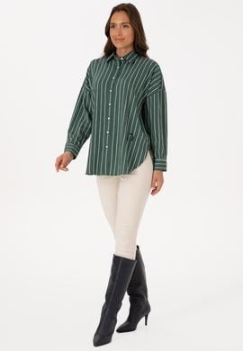 Kadın Koyu Yeşil Çizgili Uzun Kollu Gömlek - 50308795011