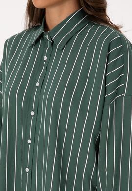 Kadın Koyu Yeşil Çizgili Uzun Kollu Gömlek - 50308795011
