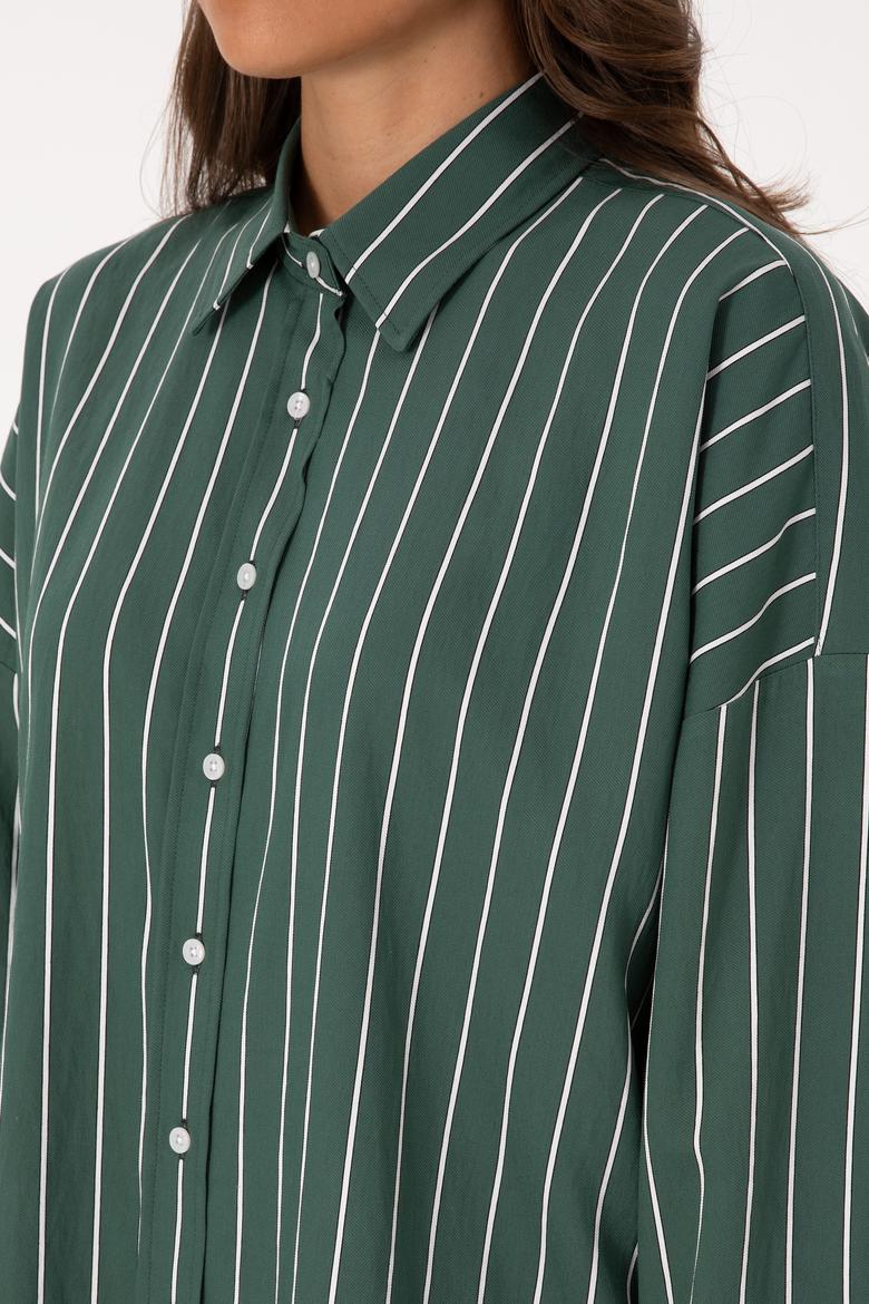 Kadın Koyu Yeşil Çizgili Uzun Kollu Gömlek - 50308795011