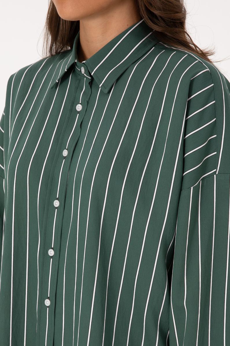 Kadın Koyu Yeşil Çizgili Uzun Kollu Gömlek