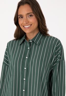 Kadın Koyu Yeşil Çizgili Uzun Kollu Gömlek - 50308795011