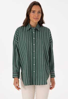 Kadın Koyu Yeşil Çizgili Uzun Kollu Gömlek - 50308795011