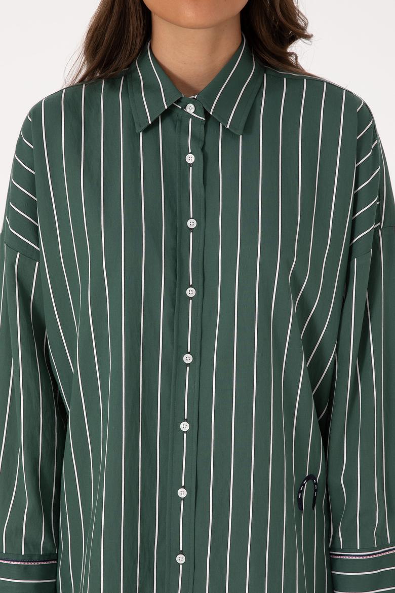 Kadın Koyu Yeşil Çizgili Uzun Kollu Gömlek - 50308795011