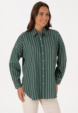 Kadın Koyu Yeşil Çizgili Uzun Kollu Gömlek - 50308795011