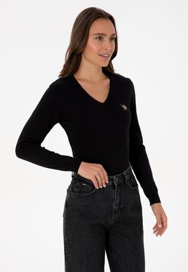 Kadın Siyah V Yaka Basic Kazak - 50307727025