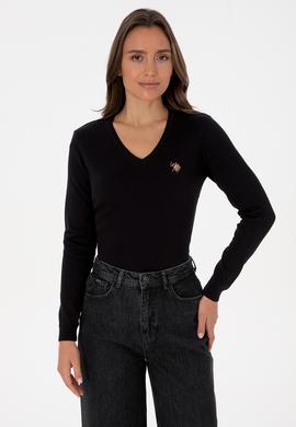 Kadın Siyah V Yaka Basic Kazak - 50307727025