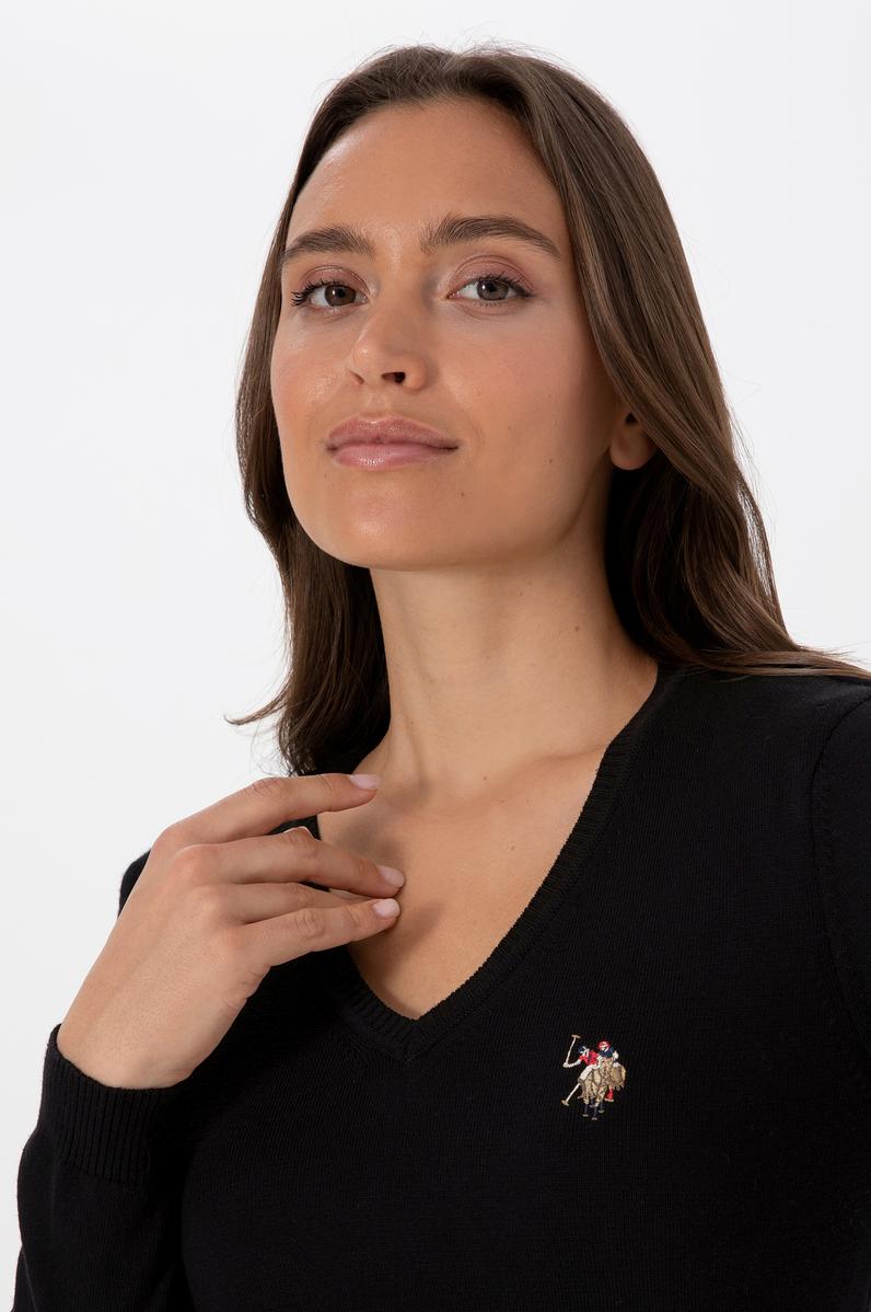 Kadın Siyah V Yaka Basic Kazak