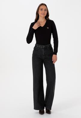 Kadın Siyah V Yaka Basic Kazak - 50307727025