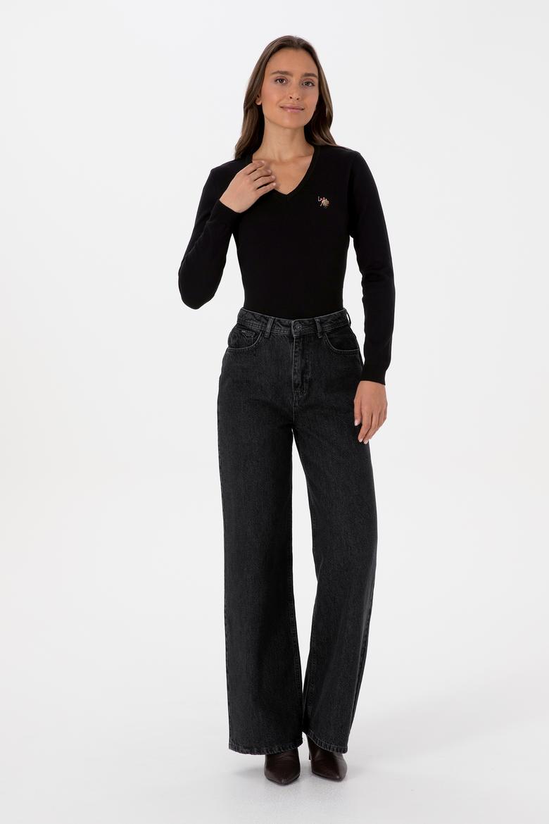 Kadın Siyah V Yaka Basic Kazak - 50307727025