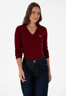 Kadın Bordo V Yaka Basic Kazak - 50307727011