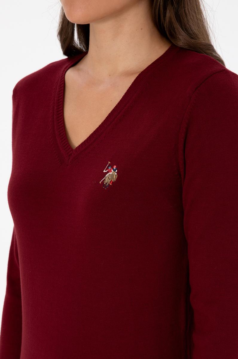 Kadın Bordo V Yaka Basic Kazak