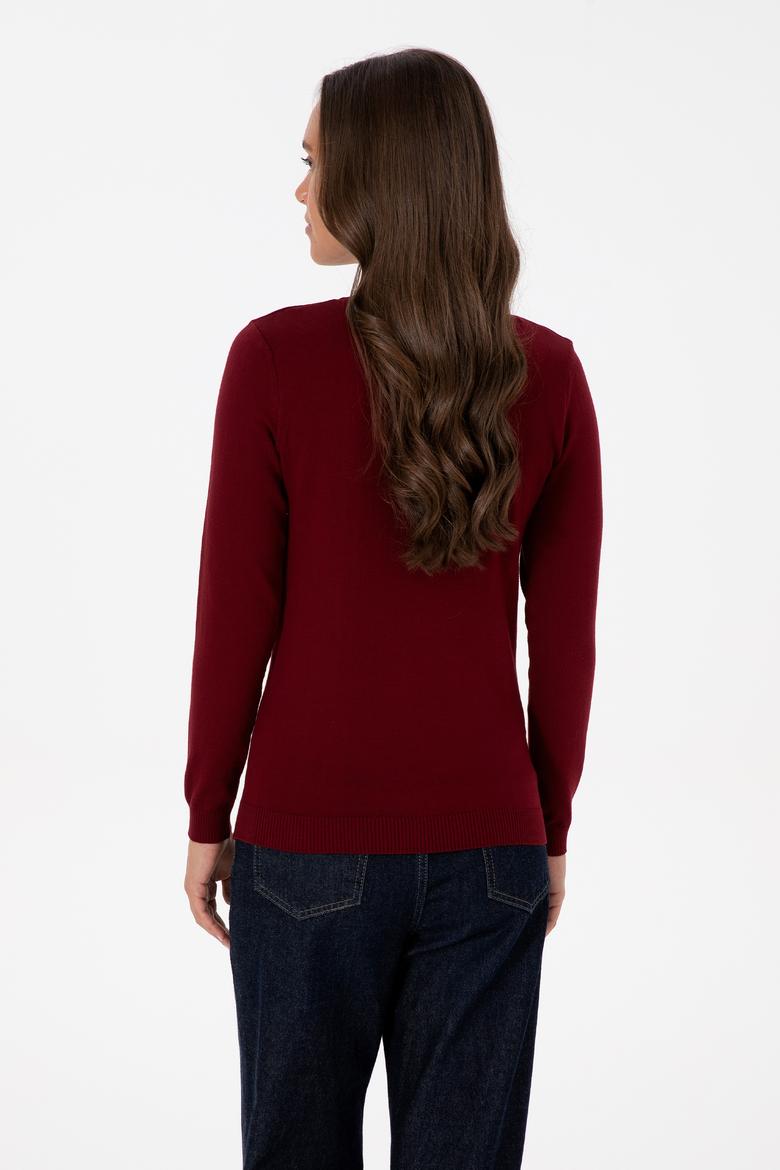 Kadın Bordo V Yaka Basic Kazak - 50307727011