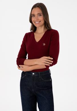 Kadın Bordo V Yaka Basic Kazak - 50307727011