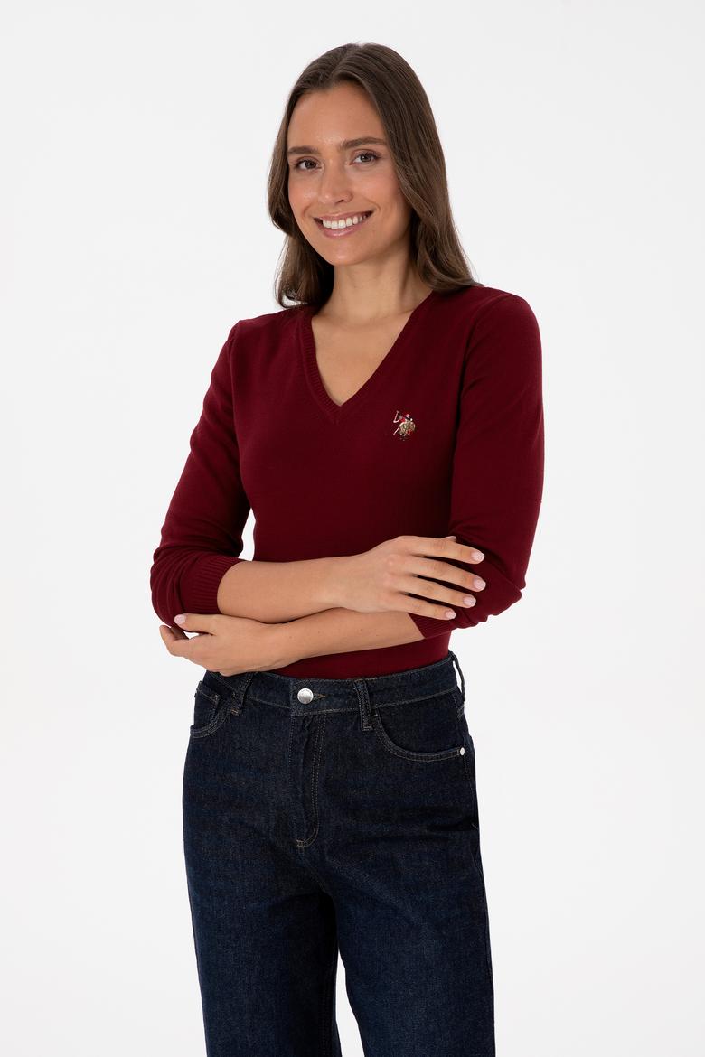 Kadın Bordo V Yaka Basic Kazak - 50307727011