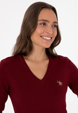 Kadın Bordo V Yaka Basic Kazak - 50307727011