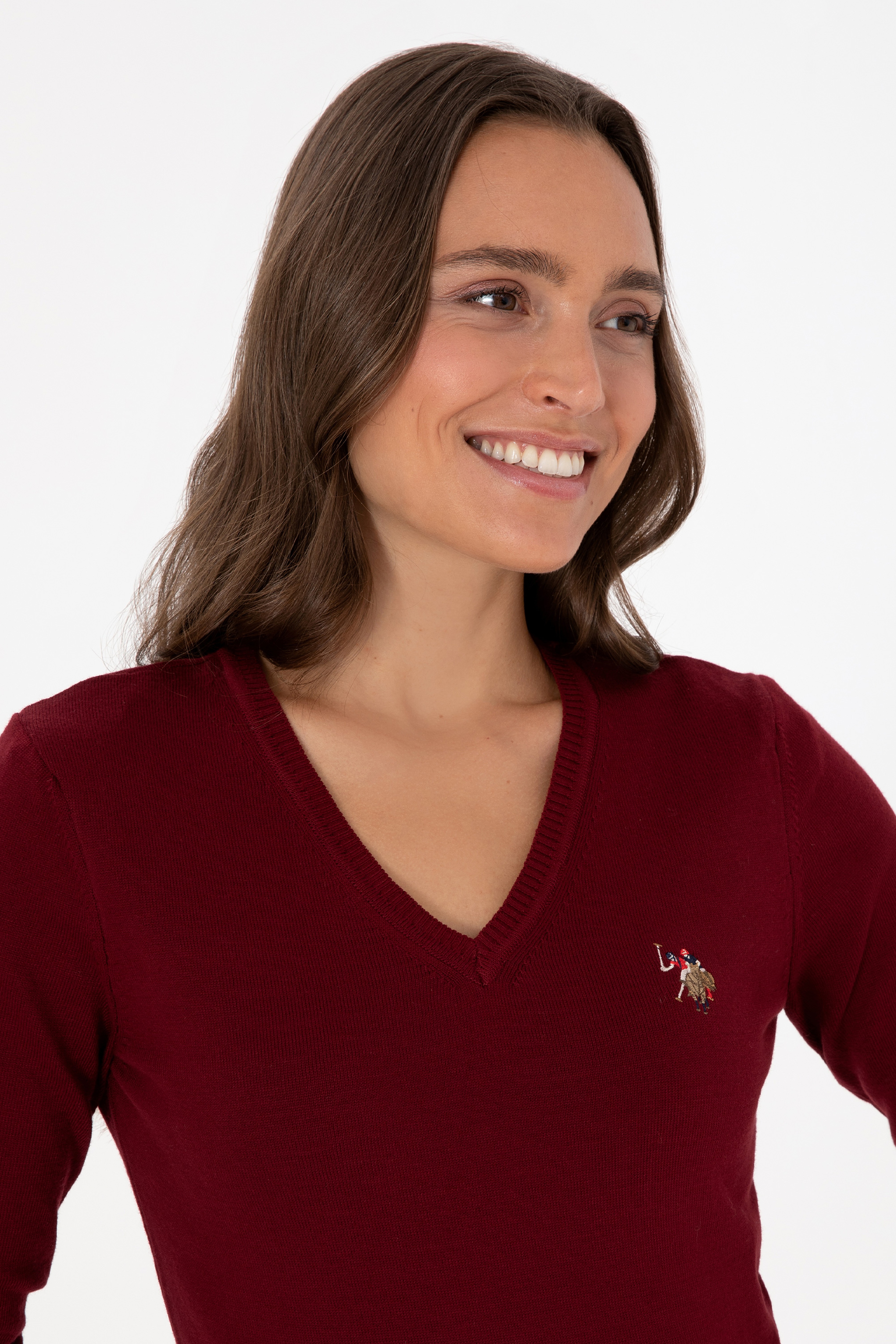 Kadın Bordo V Yaka Basic Kazak - Image 2
